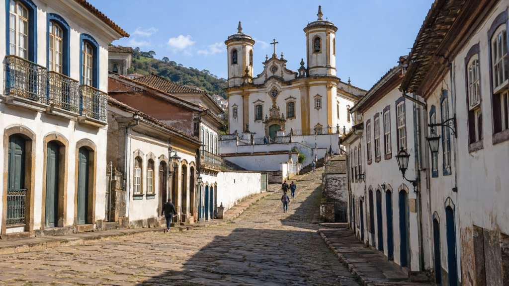 Ladeira de pedra em Ouro Preto levando até uma igreja barroca, cercada por casarões coloniais preservados, com poucos visitantes caminhando em dia ensolarado de inverno em Minas Gerais.