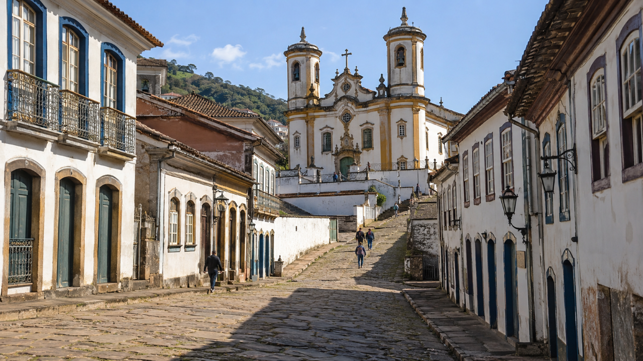 Ladeira de pedra em Ouro Preto levando até uma igreja barroca, cercada por casarões coloniais preservados, com poucos visitantes caminhando em dia ensolarado de inverno em Minas Gerais.