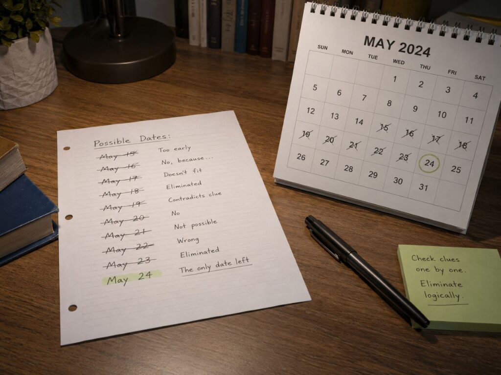 Folha com várias datas riscadas sobre uma mesa de estudos, ao lado de um calendário com apenas uma data destacada como resposta final.