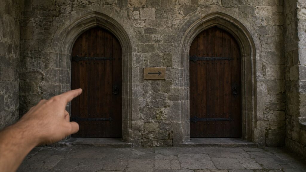 Duas portas estilo medieval, uma do lado da outra.