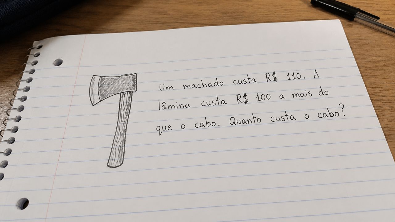 Um machado custa R$ 110. A lâmina custa R$ 100 a mais do que o cabo. Quanto custa o cabo? Resolva o enigma que apenas 3 em cada 10 pessoas conseguem acertar