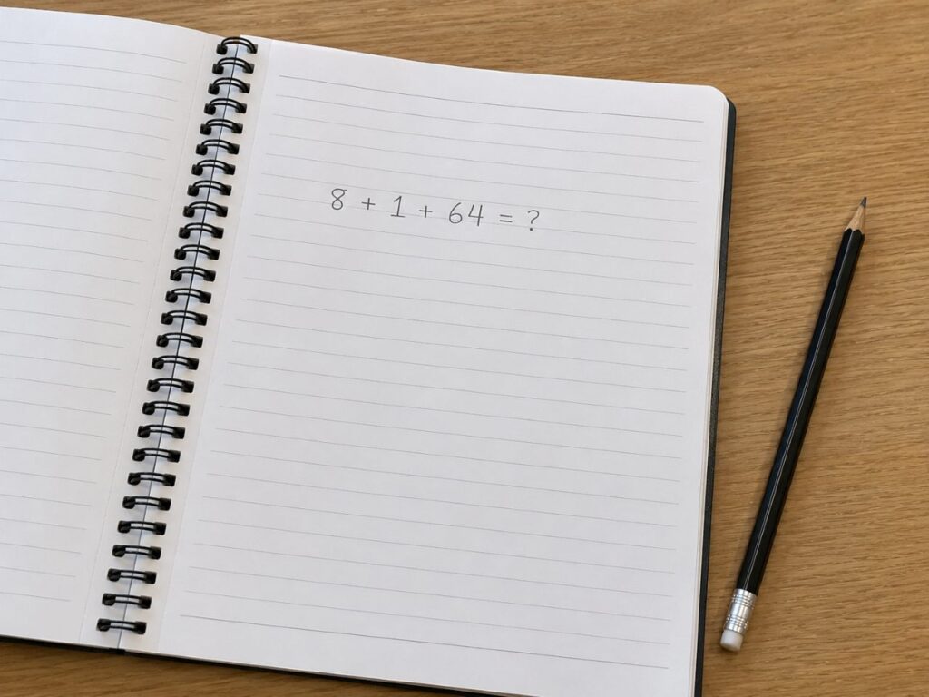 Caderno espiral aberto sobre uma mesa de madeira, com a expressão “8 + 1 + 64 = ?” escrita à mão e um lápis preto ao lado.