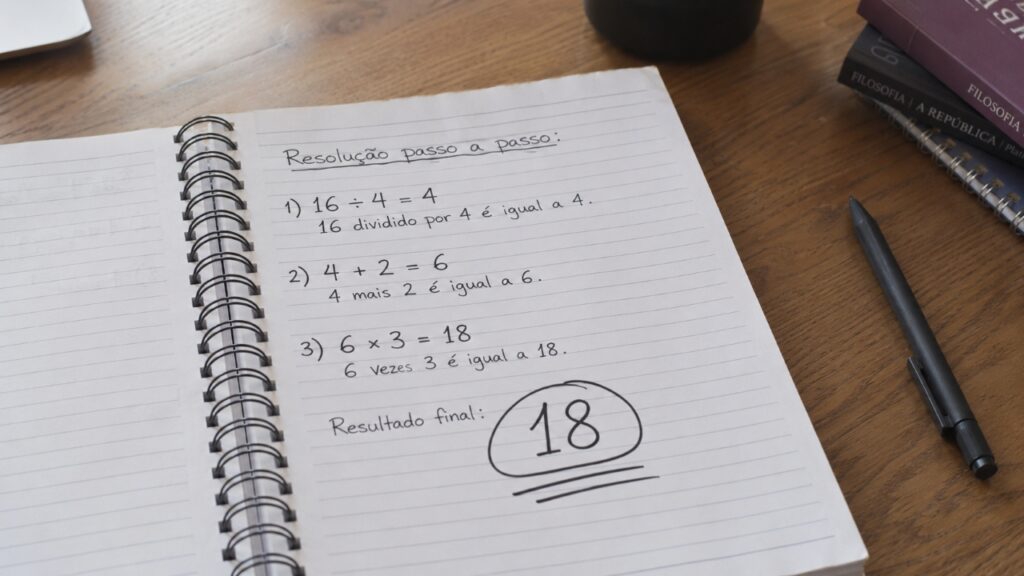Caderno aberto sobre uma mesa com os cálculos 16 dividido por 4 igual a 4, 4 mais 2 igual a 6 e 6 vezes 3 igual a 18, com o resultado final destacado.