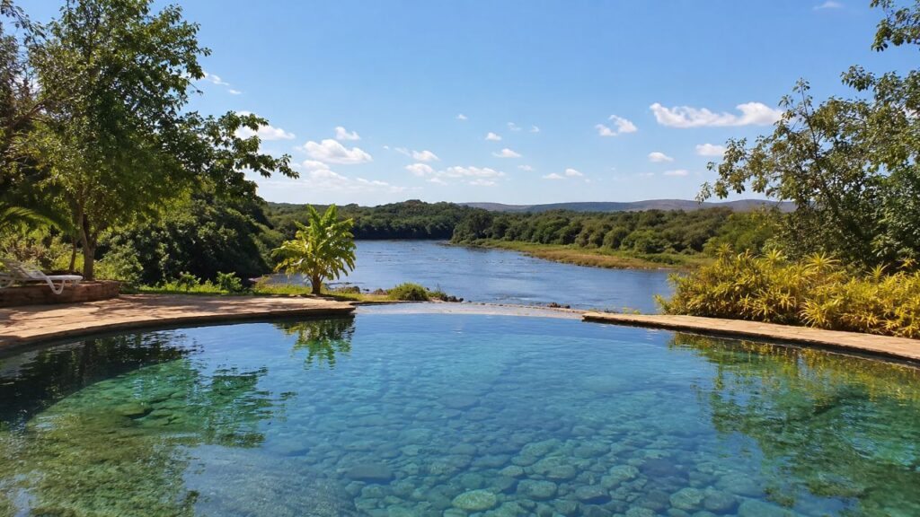 Piscina de águas termais em Cipó, na Bahia, com água cristalina, vegetação ao redor e o Rio Itapicuru ao fundo em dia ensolarado, transmitindo clima de descanso no feriado municipal.