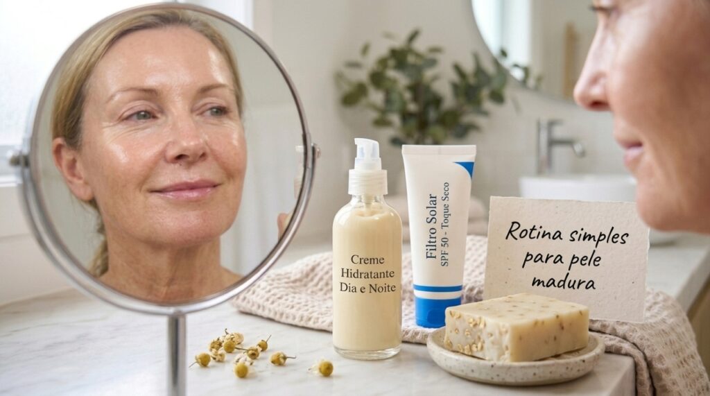 Frascos de hidratante facial, protetor solar e sabonete suave organizados sobre uma bancada de banheiro, com um pequeno cartão escrito "Rotina simples para pele madura"