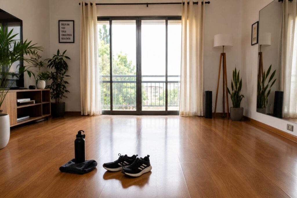Sala ampla e iluminada com móveis afastados, piso de madeira estável, par de tênis esportivos e garrafa de água preparados para treino de dança em casa