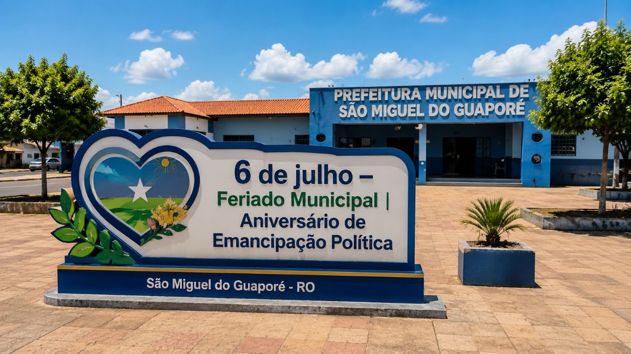 Praça central de São Miguel do Guaporé em dia ensolarado, com placa comemorativa do feriado municipal de 6 de julho e prédio da Prefeitura ao fundo.