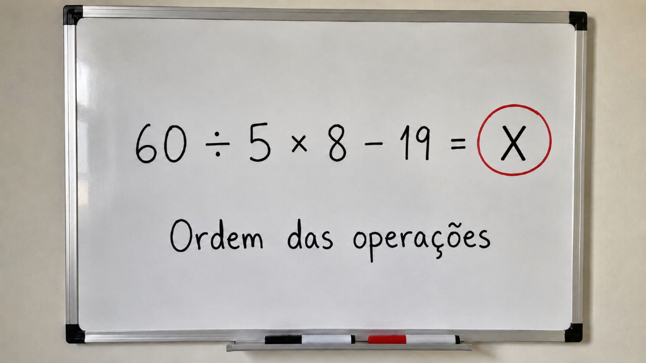 Quadro branco com a expressão “60 ÷ 5 × 8 − 19 = 77” escrita em destaque, com o número 77 circulado em vermelho e a frase “Ordem das operações” abaixo.
