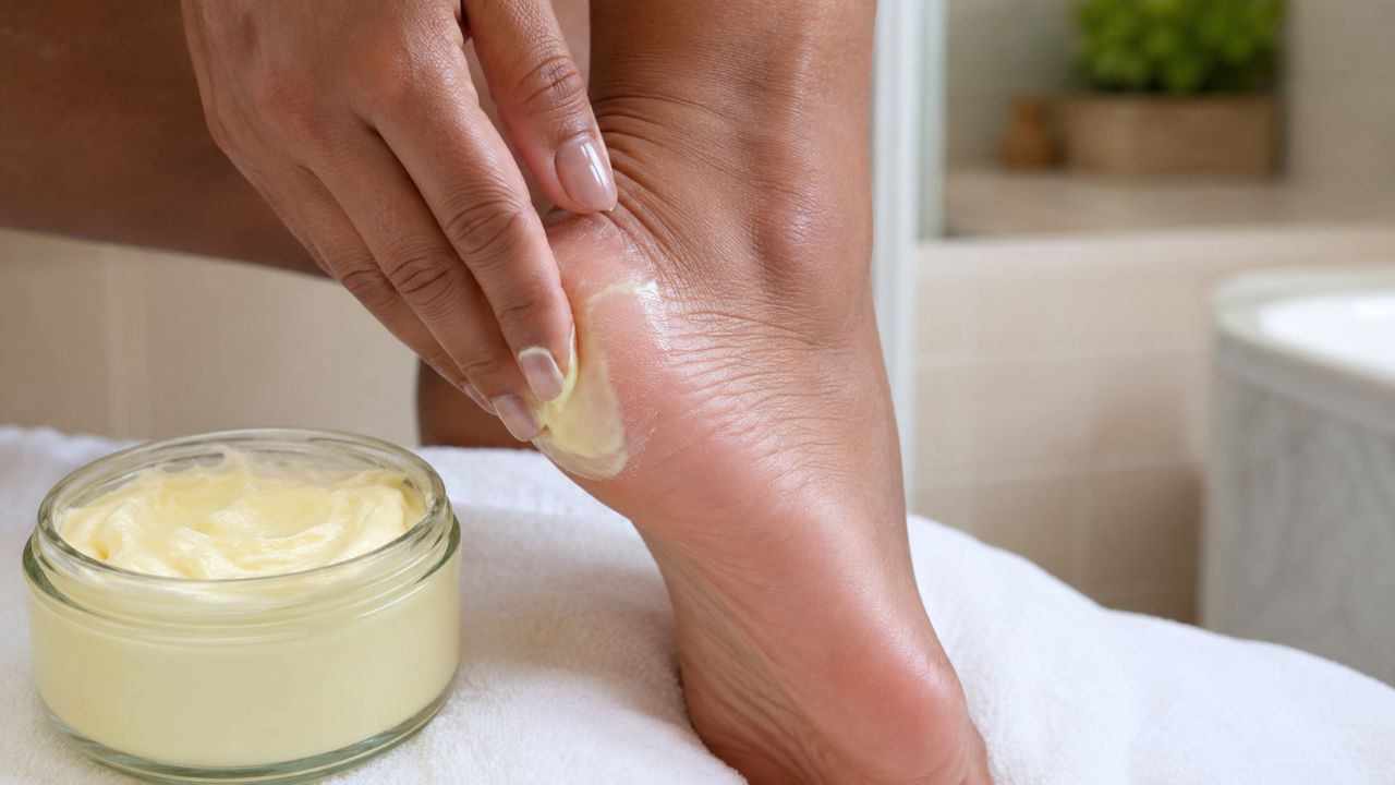 Pessoa aplica manteiga corporal vegetal no calcanhar ressecado, com pote de manteiga de ucuuba ao lado, em banheiro simples e iluminado