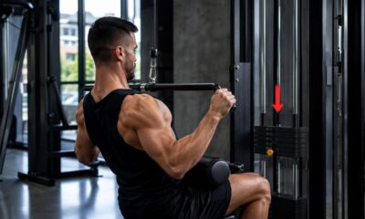 Mão segurando um halter durante a fase de descida controlada do exercício, com equipamentos de musculação ao fundo em uma academia moderna.