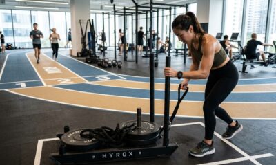 Trenó de Hyrox em academia com pista de corrida e relógio esportivo representando 120 dias de treino híbrido