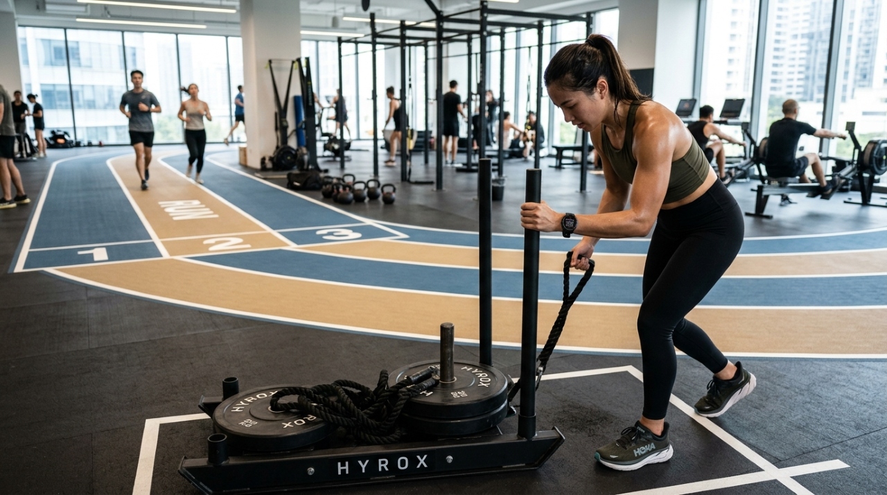 Trenó de Hyrox em academia com pista de corrida e relógio esportivo representando 120 dias de treino híbrido