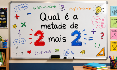 Imagem de uma sala de aula sem pessoas, com um quadro branco exibindo a pergunta “Qual é a metade de 2 mais 2?”, números 2 e 3 em destaque, vários símbolos matemáticos coloridos, apagador e marcador na parte inferior.