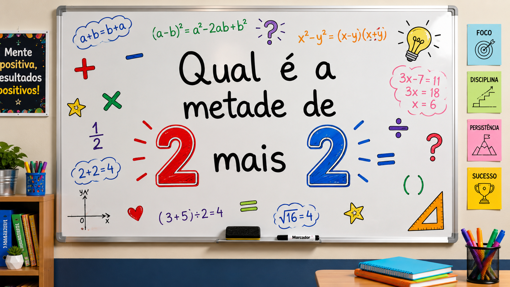 Imagem de uma sala de aula sem pessoas, com um quadro branco exibindo a pergunta “Qual é a metade de 2 mais 2?”, números 2 e 3 em destaque, vários símbolos matemáticos coloridos, apagador e marcador na parte inferior.