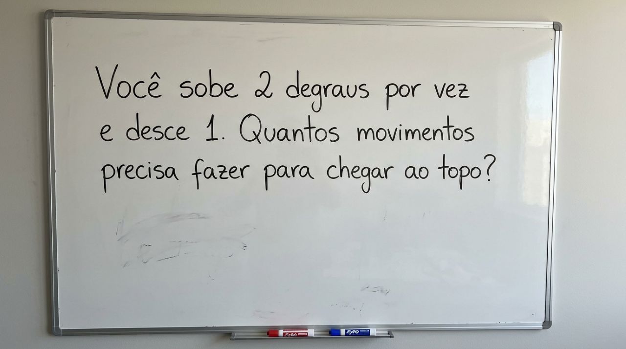 Apenas 34% resolvem este desafio: Você sobe 2 degraus por vez e desce 1. Quantos movimentos precisa fazer para chegar ao topo?