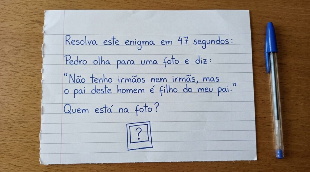 Resolva este enigma em 47 segundos: Pedro olha para uma foto e diz: “Não tenho irmãos nem irmãs, mas o pai deste homem é filho do meu pai.” Quem está na foto?