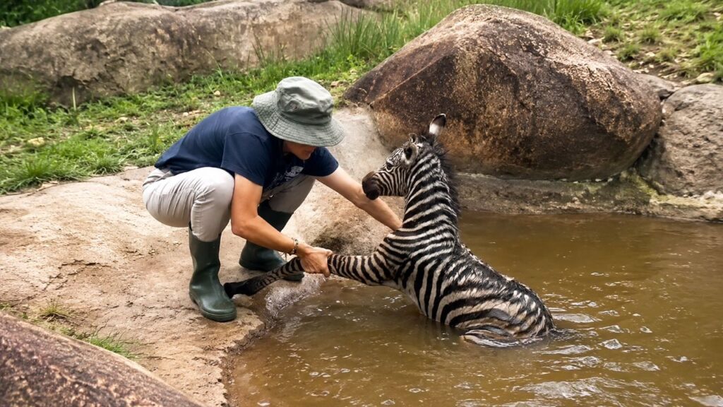 Zebra recém-nascida luta para não se afogar em represa e pede ajuda a guarda-parque