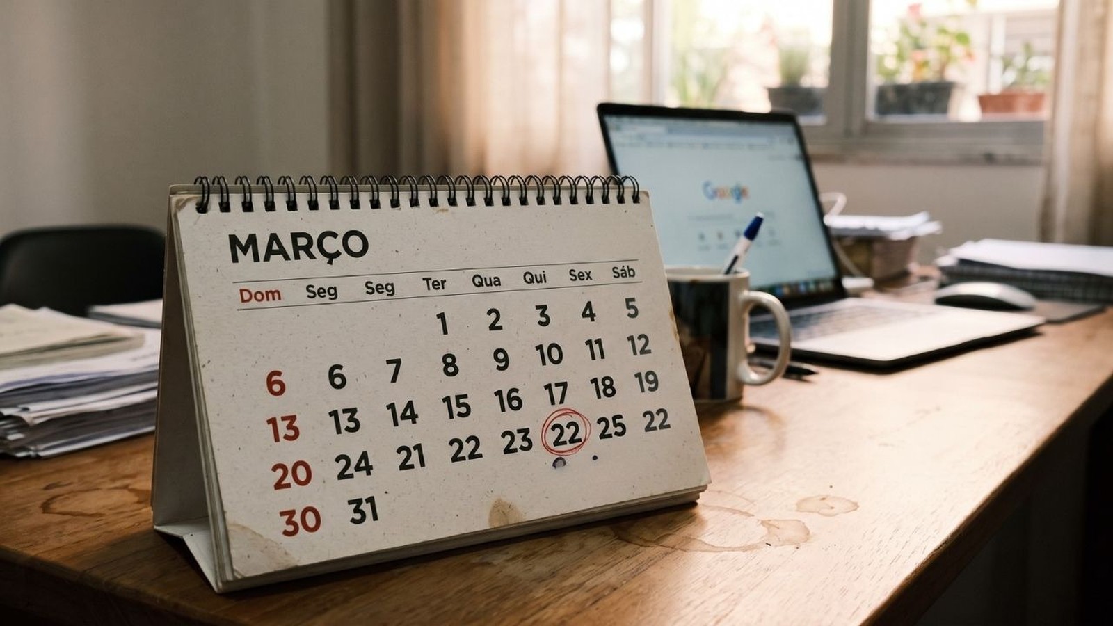 Calendário de mesa Março, dia 22 circulado. Escrivaninha com laptop Google, caneca e mouse