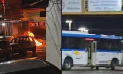Imagem dividida mostrando carro em chamas à esquerda e um ônibus azul e branco à direita