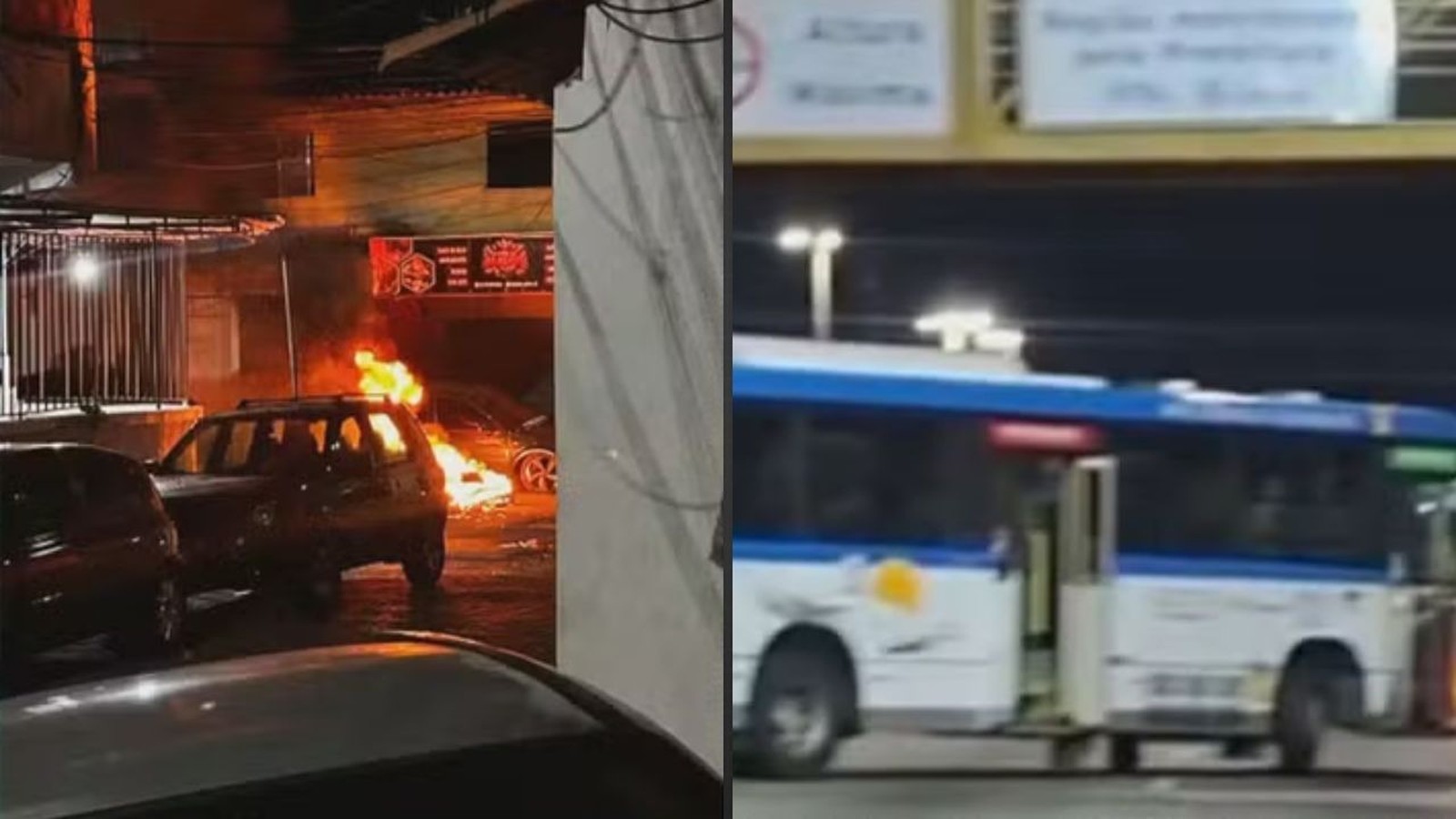 Imagem dividida mostrando carro em chamas à esquerda e um ônibus azul e branco à direita