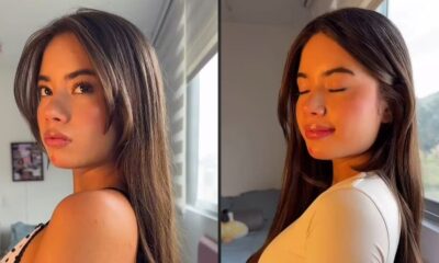 Jovem com cabelo castanho e maquiagem, em duas fotos, olhando para a câmera e com olhos fechados