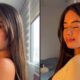 Jovem com cabelo castanho e maquiagem, em duas fotos, olhando para a câmera e com olhos fechados