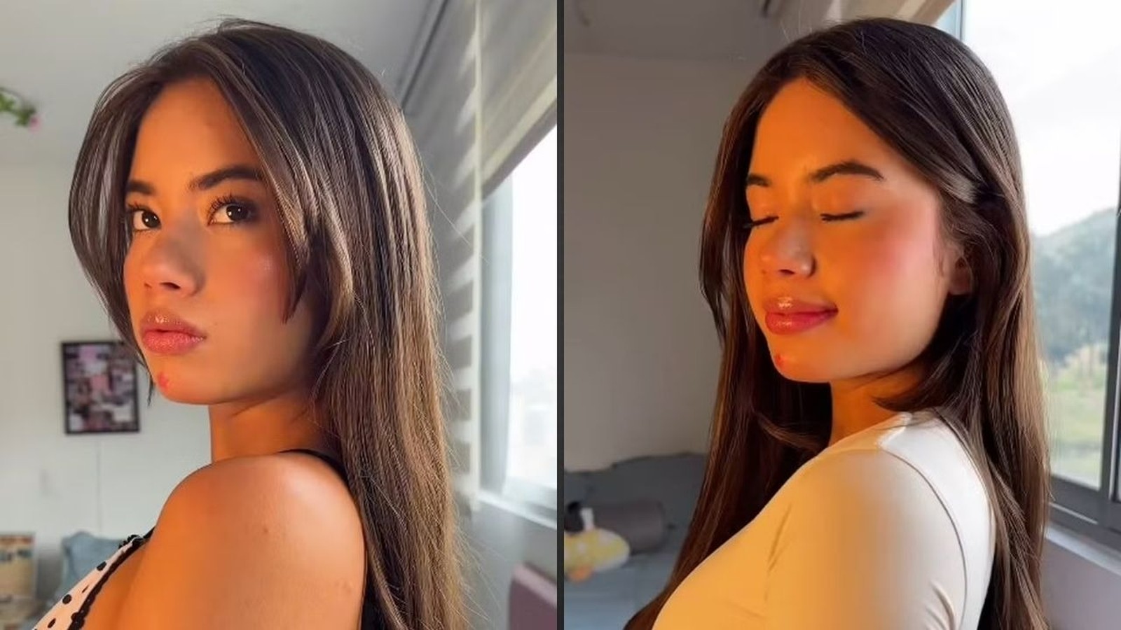 Jovem com cabelo castanho e maquiagem, em duas fotos, olhando para a câmera e com olhos fechados