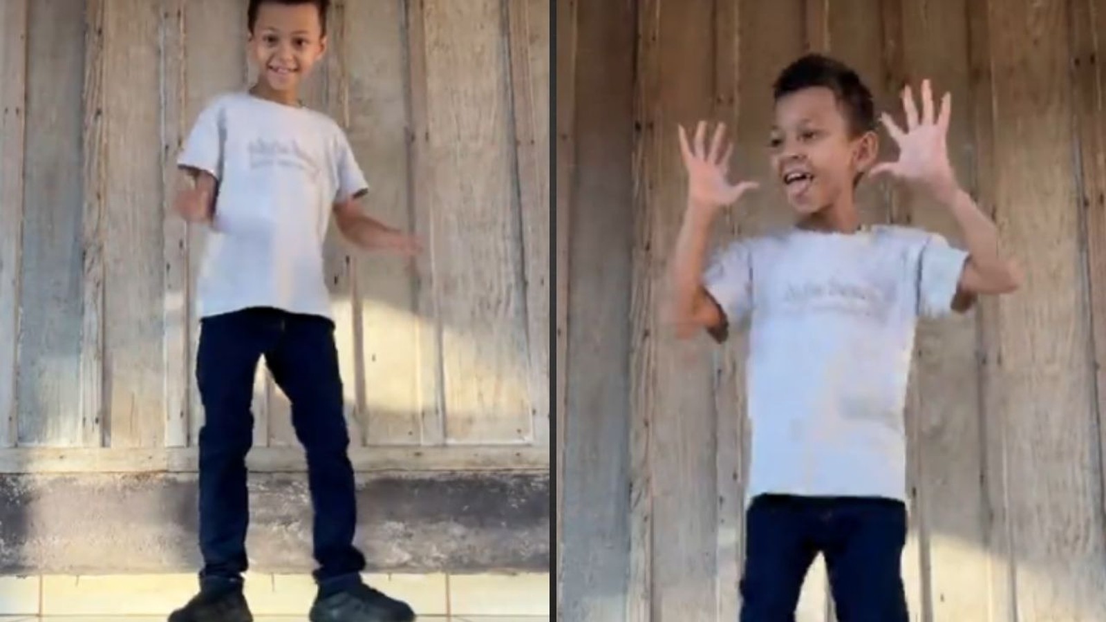 Duas fotos de um menino sorrindo, dançando, com camiseta branca e calça jeans