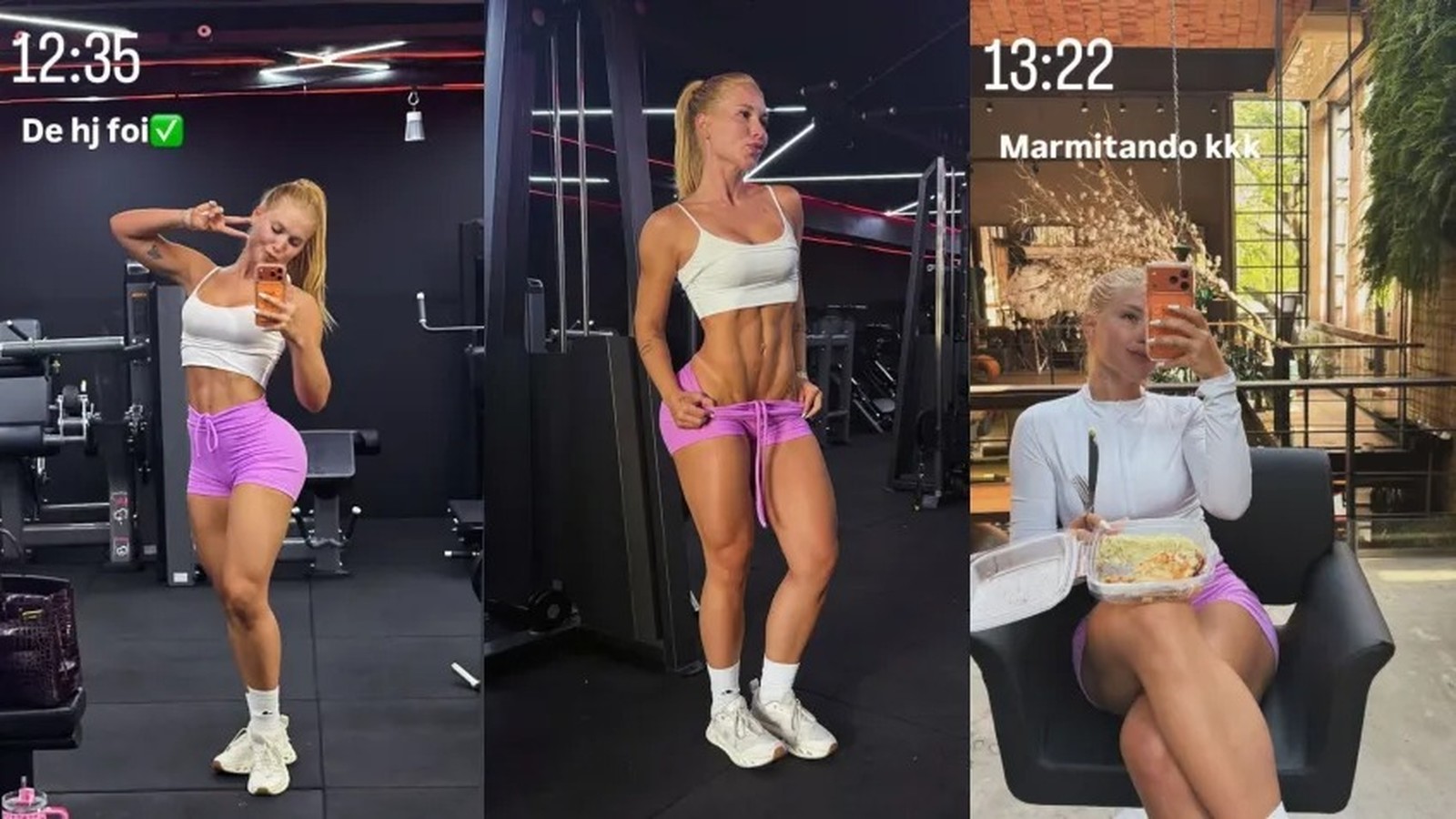 Virginia Fonseca em fotos no treino de academia, exibindo o abdômen e almoçando marmita