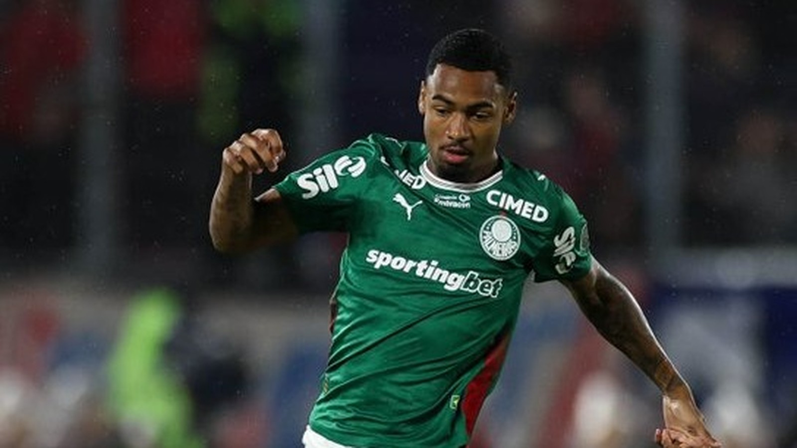 Jogador Allan em campo, camisa verde Palmeiras, com patrocínios Sportingbet e Cimed
