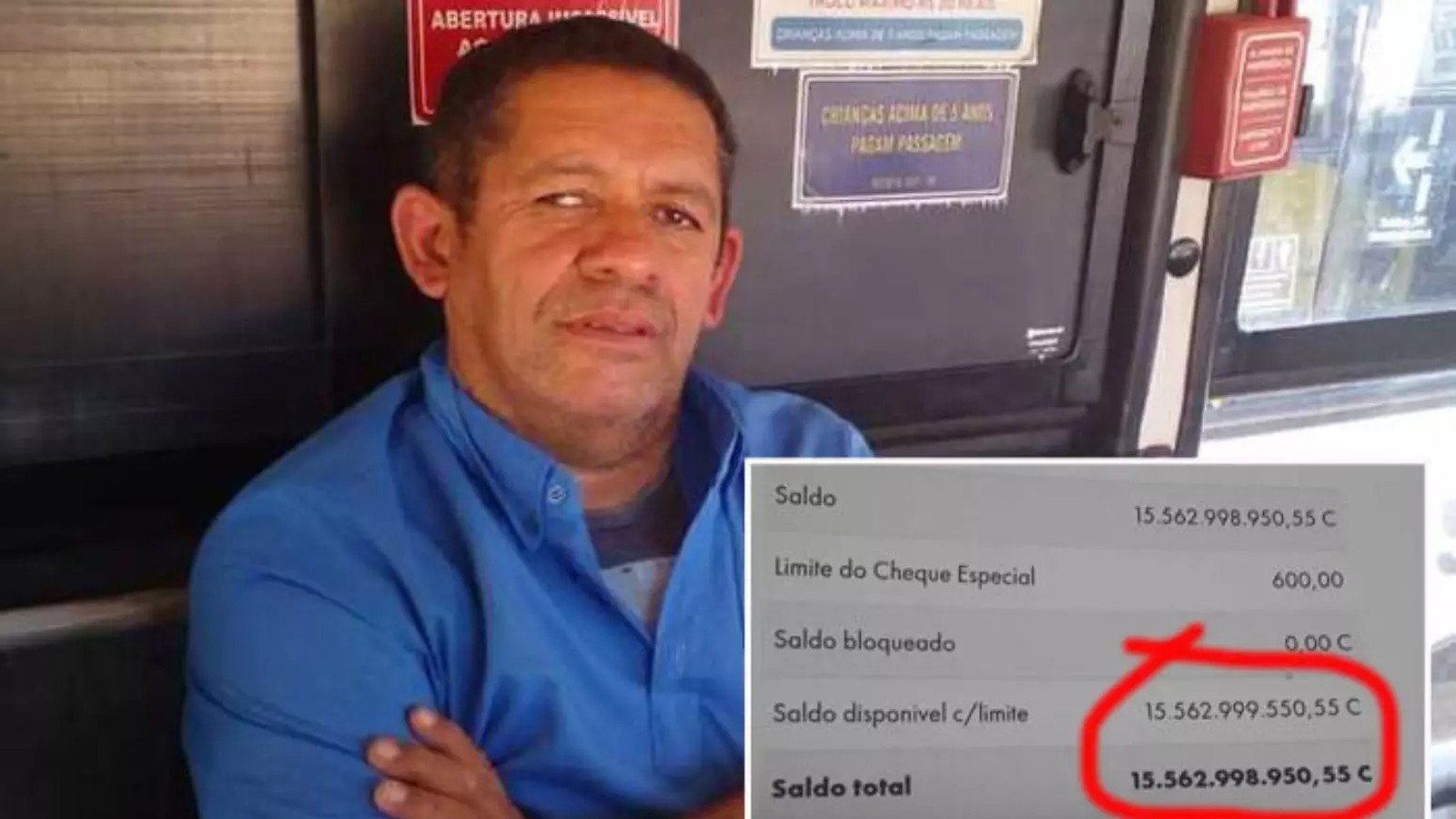 Homem em ônibus e extrato bancário. Saldo R$ 15.562.998.950,55 C destacado