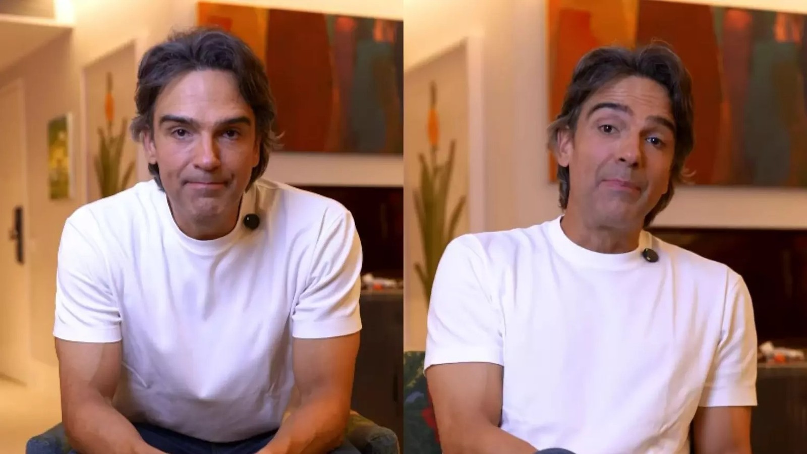 Tadeu Schmidt em close com camisa branca e microfone de lapela em ambiente interno