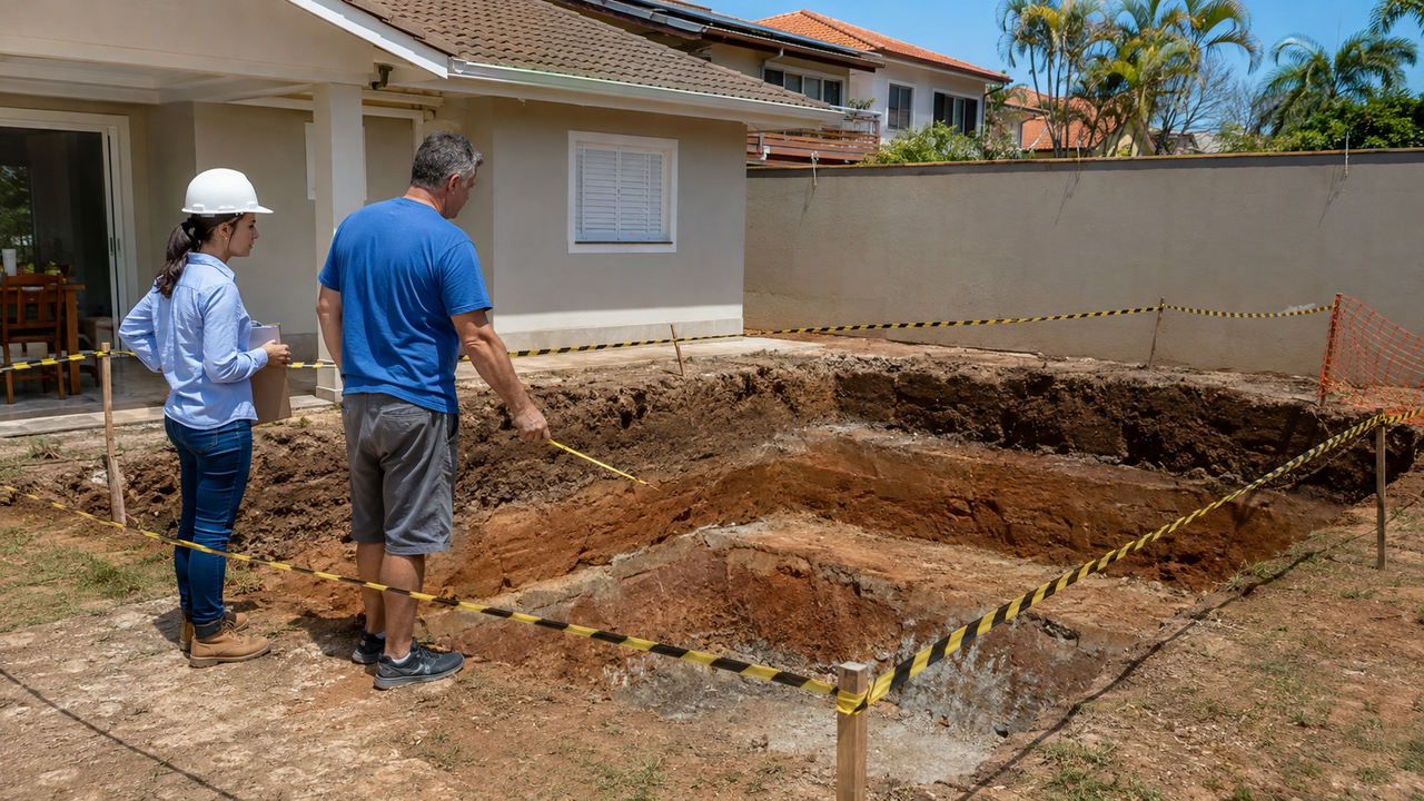 Morador constrói piscina nos fundos do terreno e descobre qual afastamento mínimo respeitar para não comprometer a fundação da casa