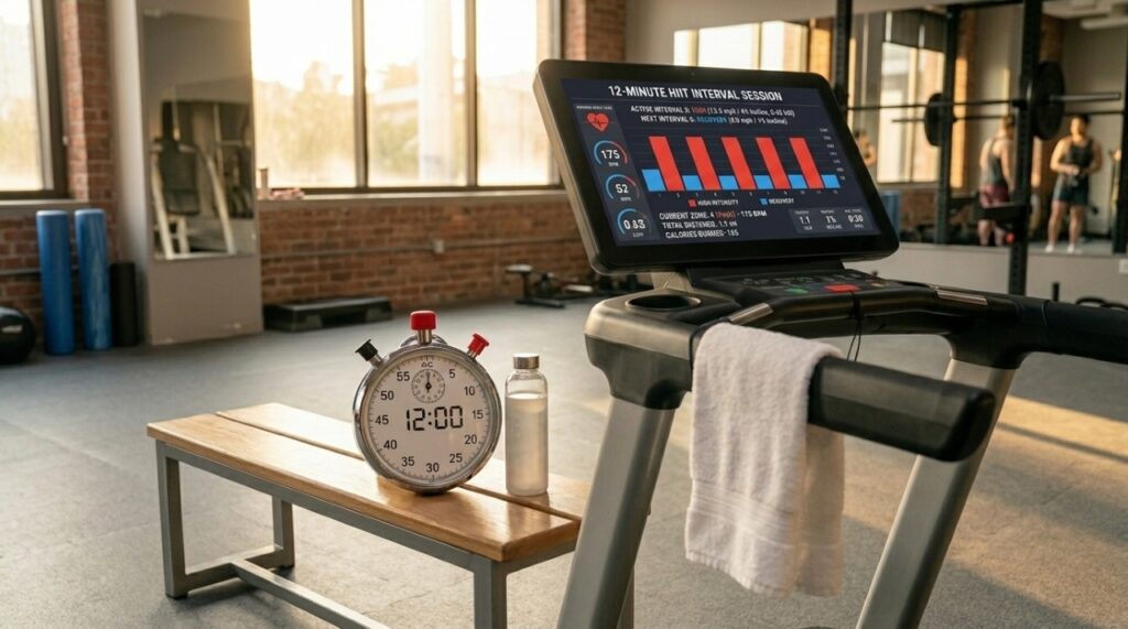 Esteira com painel mostrando intervalos de alta e baixa intensidade durante um treino HIIT de 12 minutos.