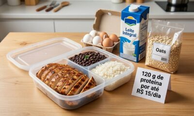 Marmita com frango, arroz e feijão ao lado de ovos, leite e aveia, representando uma dieta proteica de até R$ 15 por dia