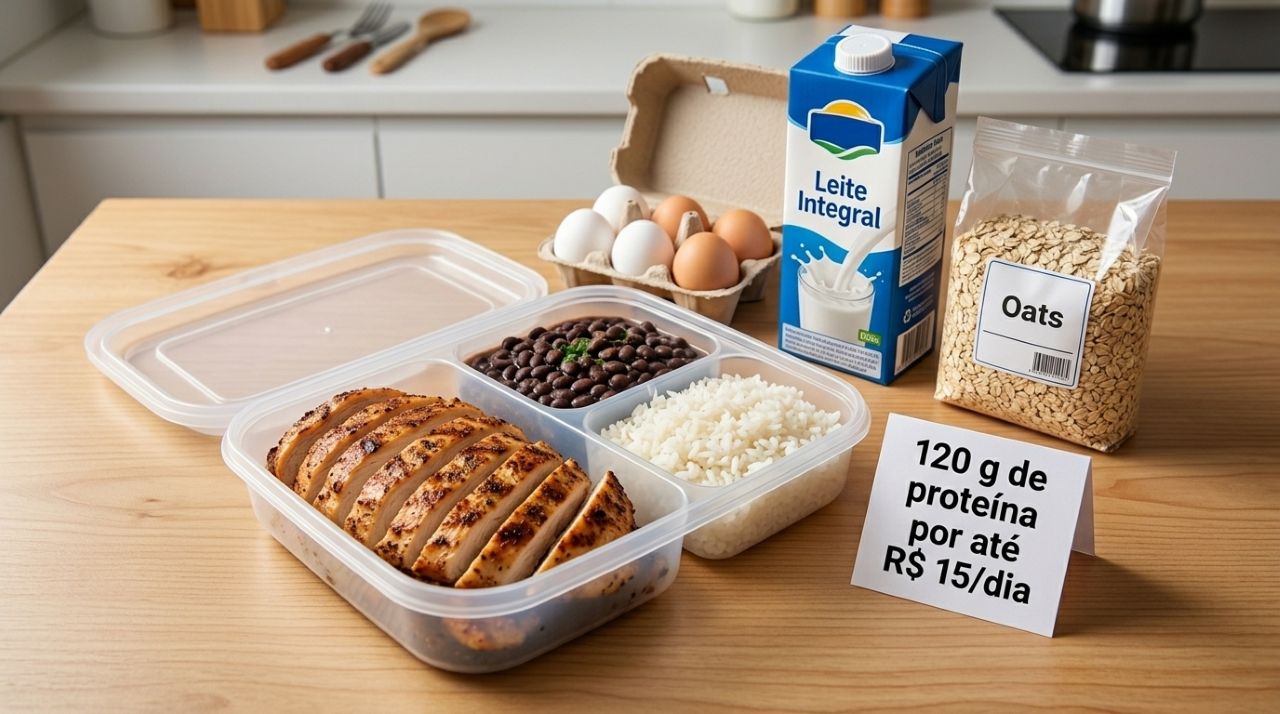 Marmita com frango, arroz e feijão ao lado de ovos, leite e aveia, representando uma dieta proteica de até R$ 15 por dia