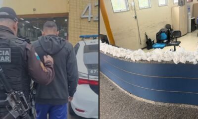 Policial escolta homem preso em frente à 42ª DP e grande apreensão de pinos de cocaína