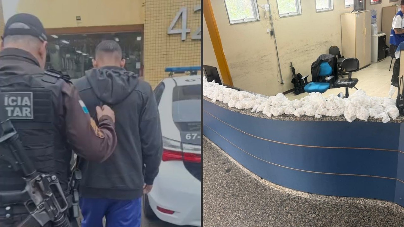 Policial escolta homem preso em frente à 42ª DP e grande apreensão de pinos de cocaína