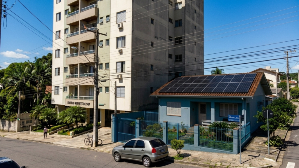Vizinho constrói prédio de 8 andares, bloqueia 100% dos painéis solares da casa ao lado e é obrigado a pagar R$ 4.500 por mês