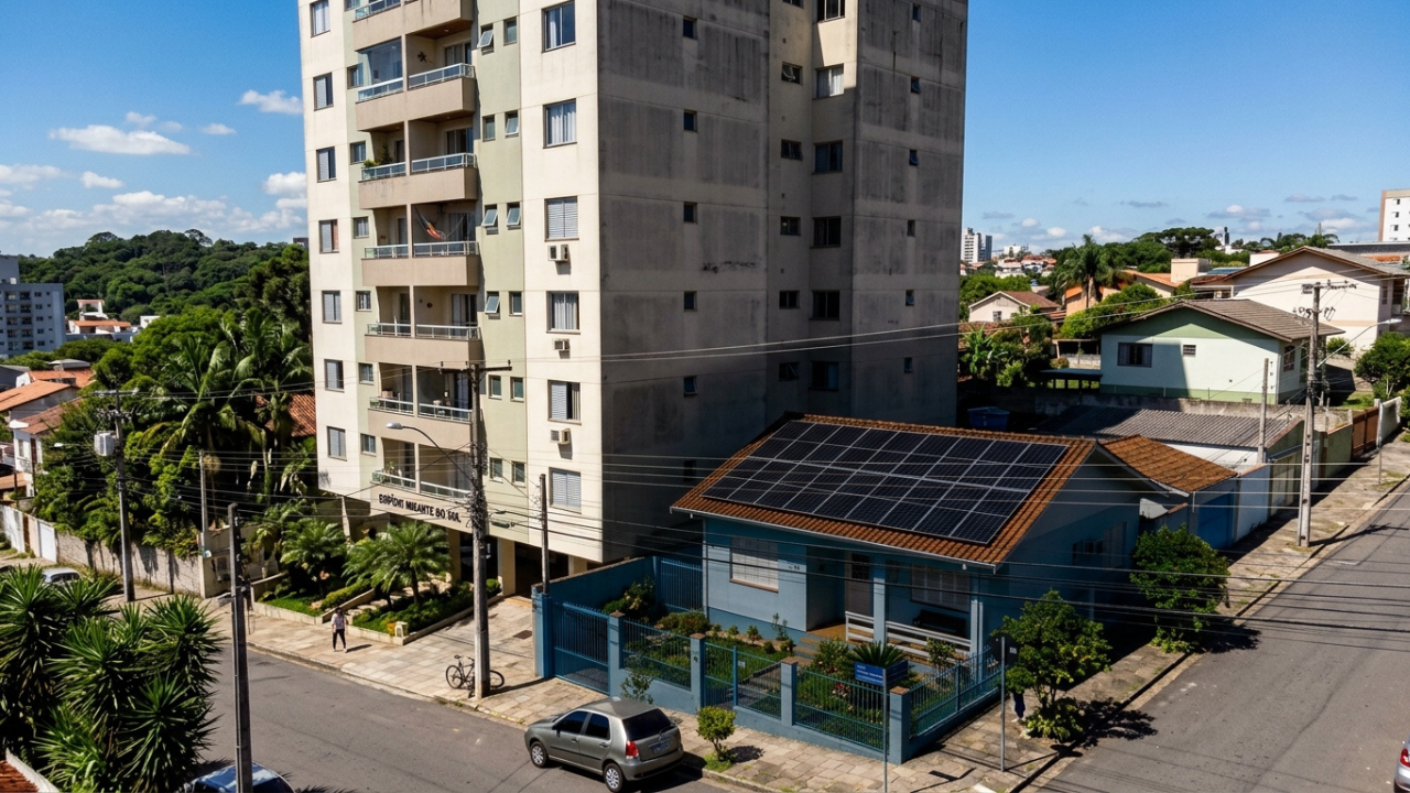 Vizinho constrói prédio de 8 andares, bloqueia 100% dos painéis solares da casa ao lado e é obrigado a pagar R$ 4.500 por mês