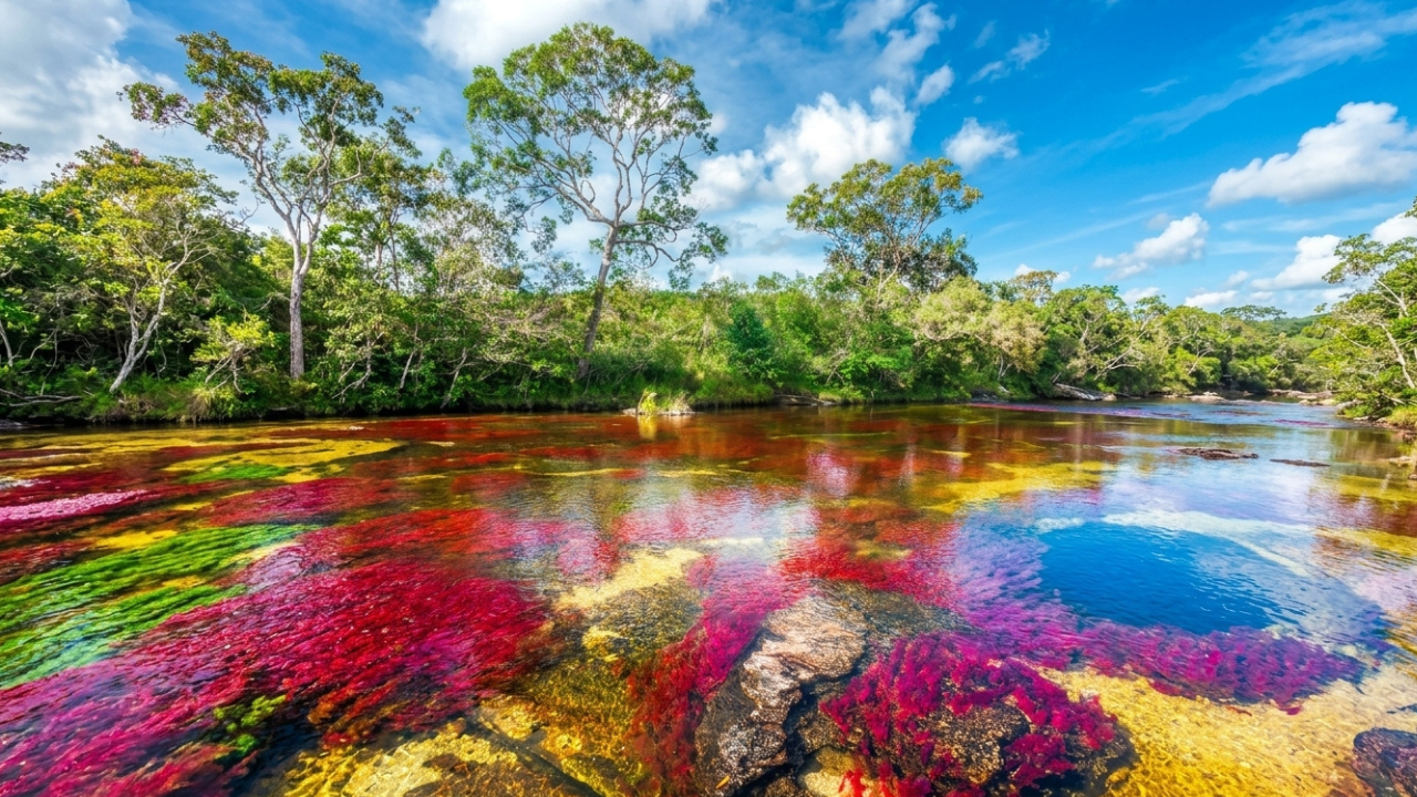 Onde um rio ganha 5 cores: vermelho, amarelo, azul, verde e preto, em um fenômeno que só aparece entre junho e novembro