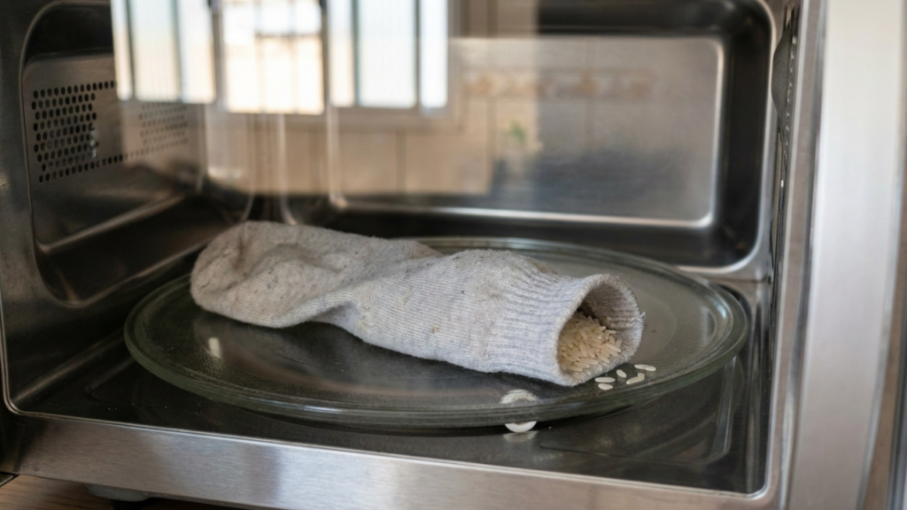 Esquentar uma meia cheia de arroz cru no micro-ondas: para que serve e o que acontece com dores musculares no inverno