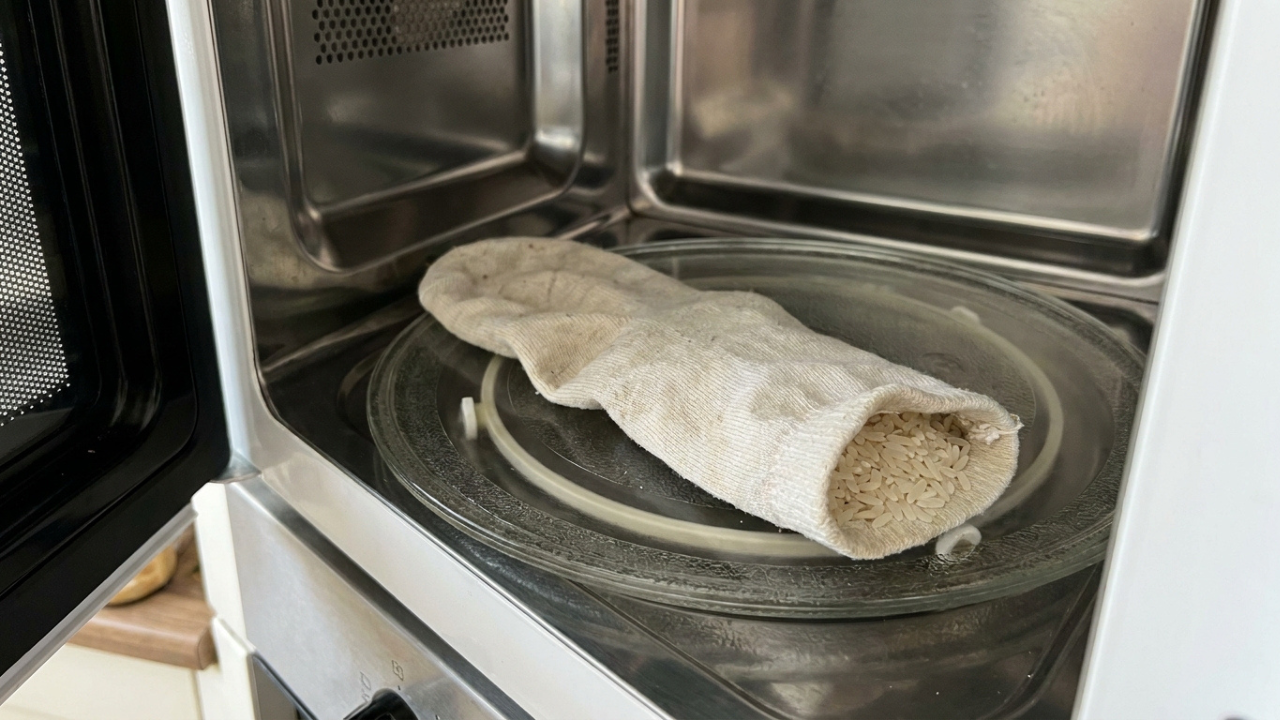 Esquentar uma meia cheia de arroz cru no micro-ondas: para que serve e o que acontece com dores musculares no inverno
