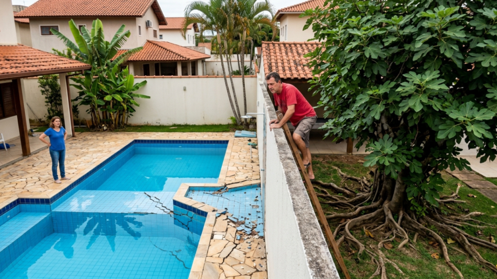 Vizinho planta árvore de grande porte, raízes racham piscina de luxo e dono da planta é forçado a pagar R$ 80 mil de reforma