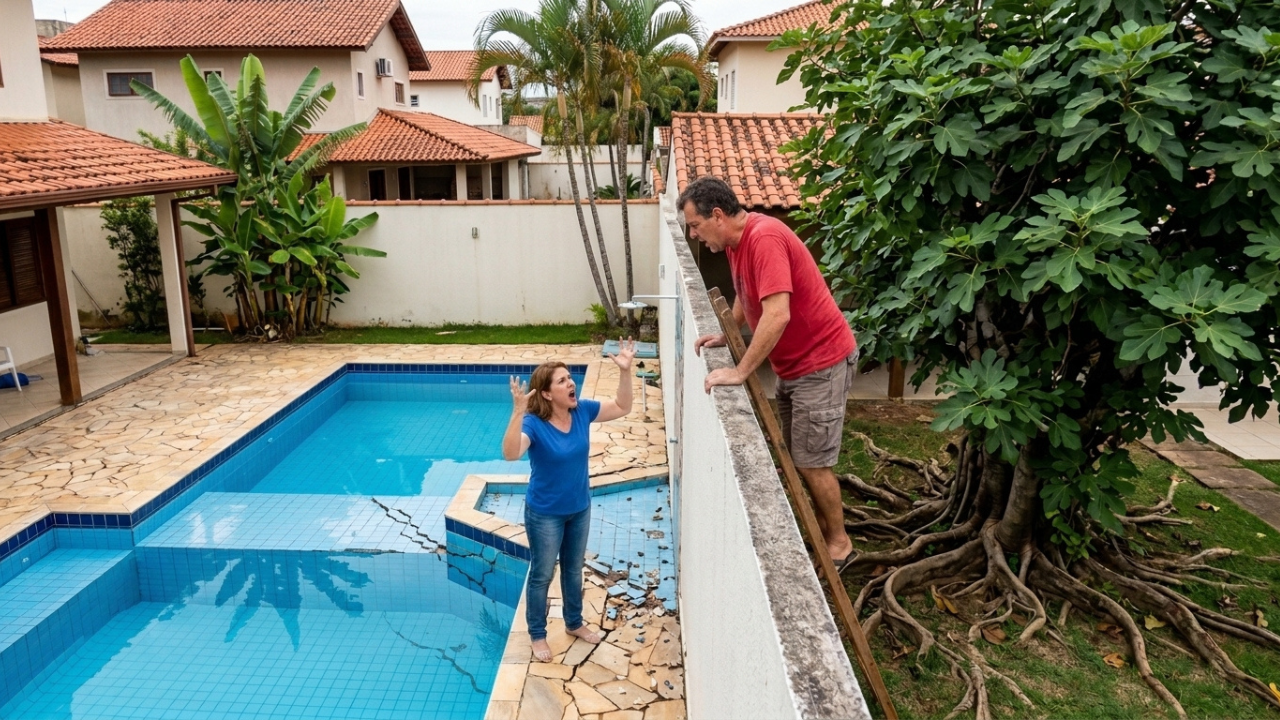 Vizinho planta árvore de grande porte, raízes racham piscina de luxo e dono da planta é forçado a pagar R$ 80 mil de reforma