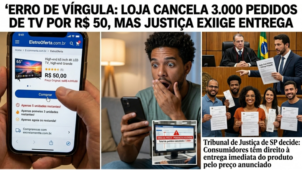 Loja virtual erra vírgula e vende TV de R$ 5.000 por R$ 50, cancela 3 mil pedidos, mas juizado exige entrega imediata dos eletrônicos