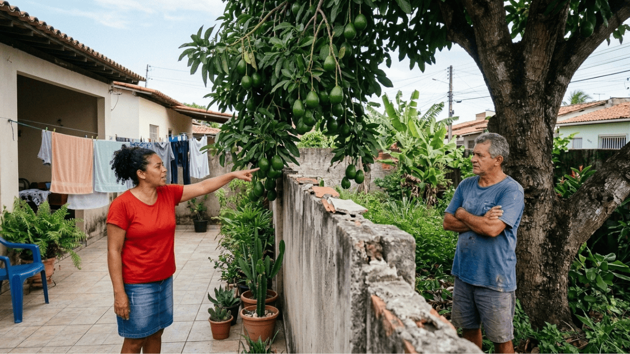 Vizinha exige metade dos abacates dos galhos avançados para o seu quintal, dono da árvore recusa e lei garante que a fruta caída é de quem pegou