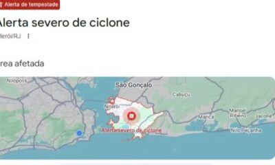 Captura de tela de alerta do Google: 'Alerta severo de ciclone' para Niterói/RJ em mapa