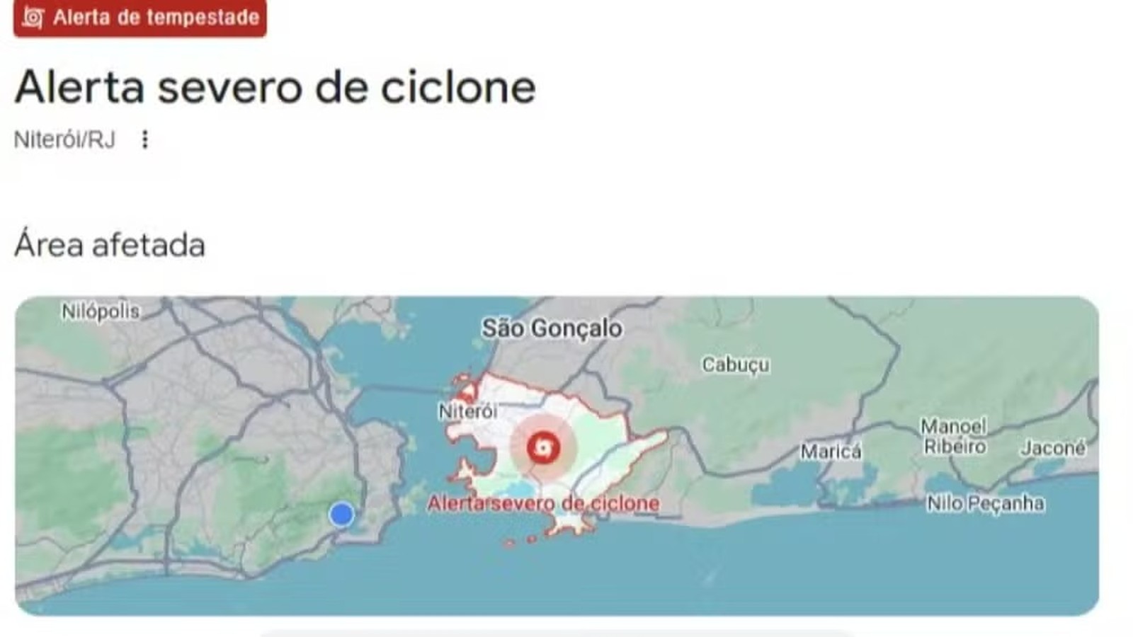 Captura de tela de alerta do Google: 'Alerta severo de ciclone' para Niterói/RJ em mapa
