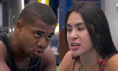 Davi Brito (esq.) e Isabelle Nogueira (dir.) em close-up, ambos com boca aberta